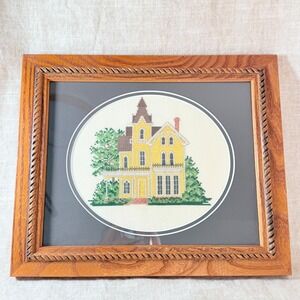Vintage Framed Cross Stitch Victorian Yellow Wall Art Embroidery Grandmillennial